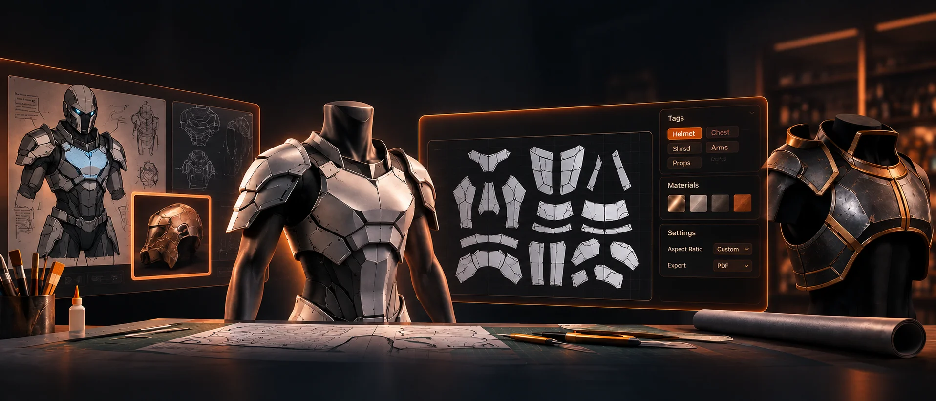 A cosplay armor build laid out on a workbench next to its unfolded, tagged pattern pieces on screen