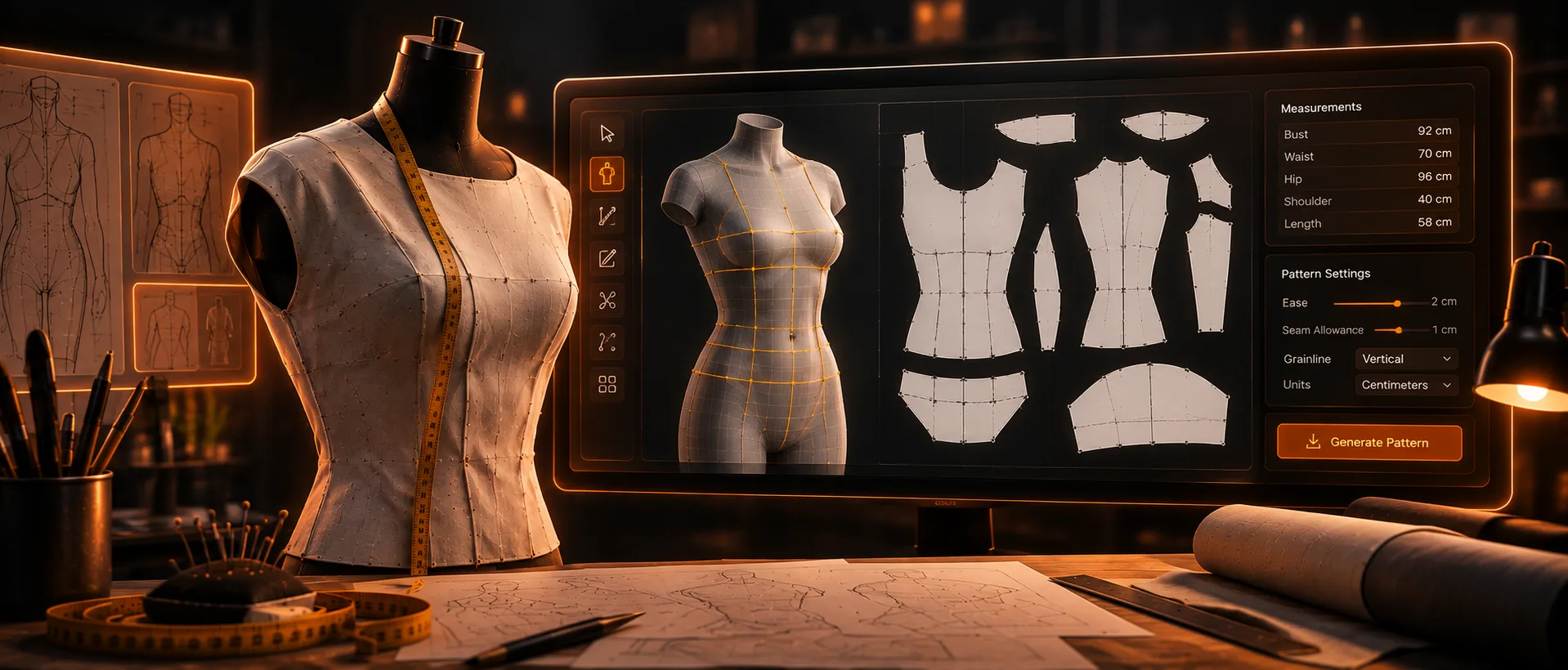 A monitor showing Pattern Editor's interface with a garment's pattern pieces and measurements, next to a mannequin draped in muslin