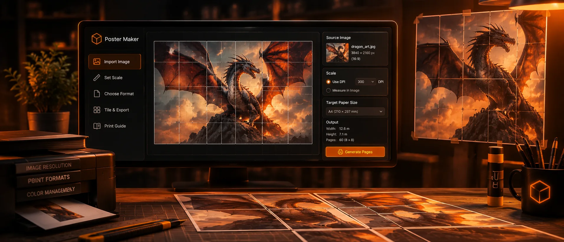 A monitor showing Poster Maker tiling a dragon illustration into printable pages, with the assembled pages taped up on the wall beside it