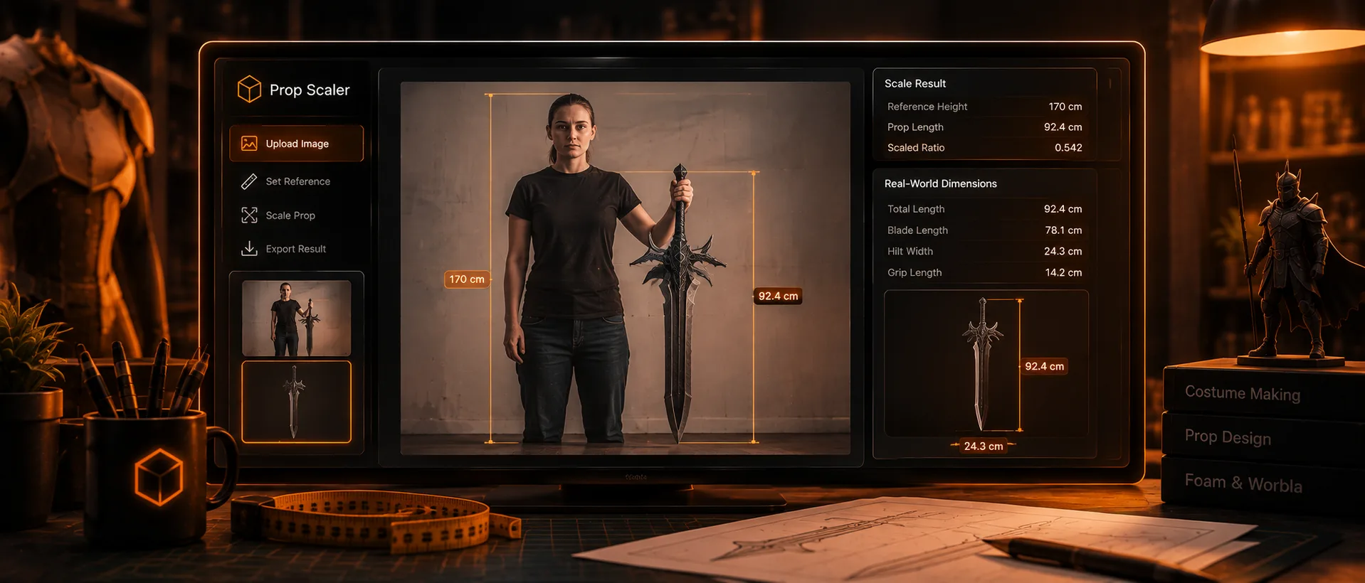 A monitor showing Prop Scaler's interface, with a reference photo of a person holding a sword overlaid with its scaled real-world dimensions