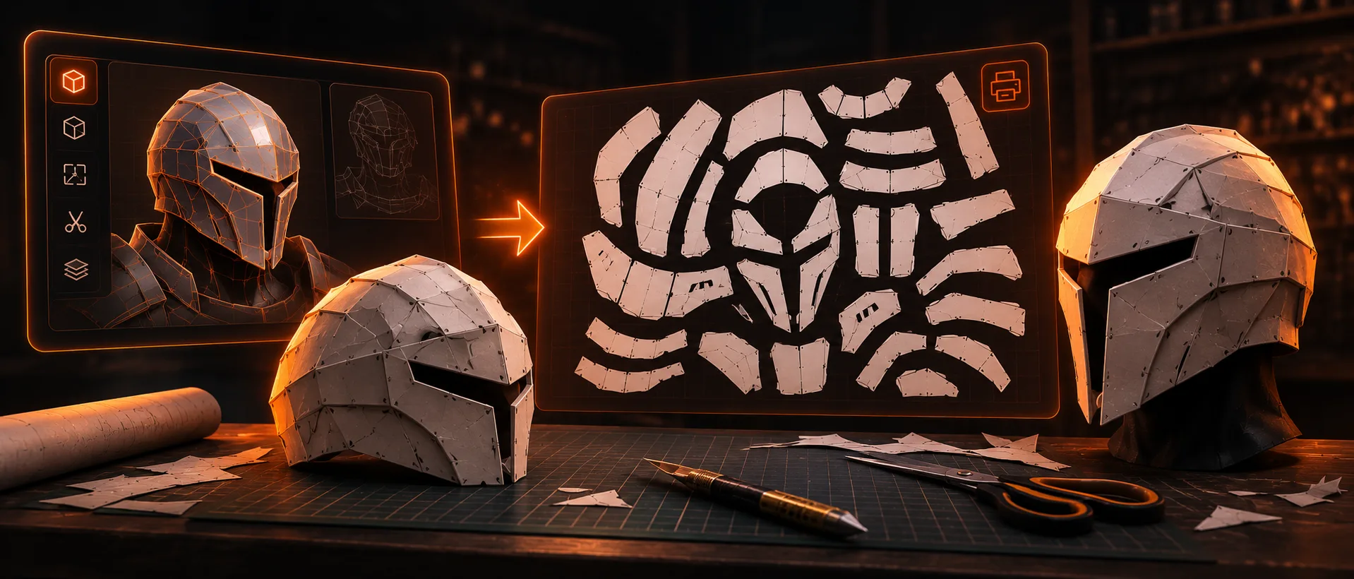 A 3D-rendered armor helmet next to its flattened printable pattern pieces, with a physical foam-and-paper helmet build in progress on the workbench